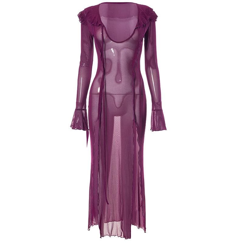 Slit flared sleeve sheer mesh see through u neck low cut maxi dress 4