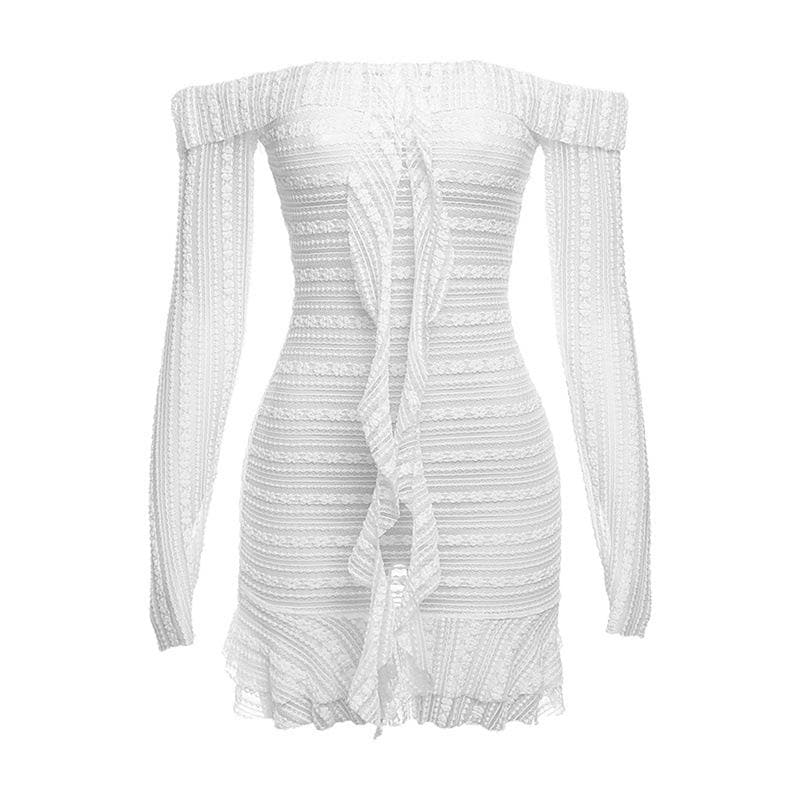 Lace see through off shoulder ruffle long sleeve solid mini dress 2