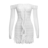 Lace see through off shoulder ruffle long sleeve solid mini dress 2