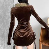 Feather long sleeve velvet ruched drawstring solid mini dress 3