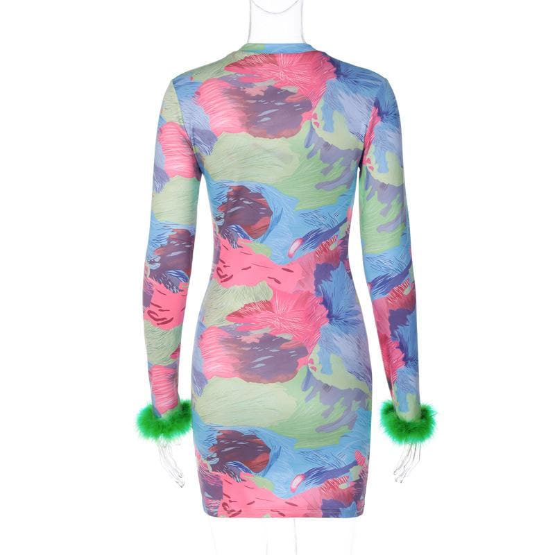 Feather crewneck contrast print long sleeve mini dress 4