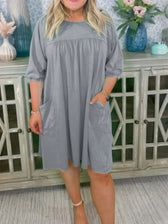 Round Neck Puff Sleeve Pocket Babydoll Mini Dress 6