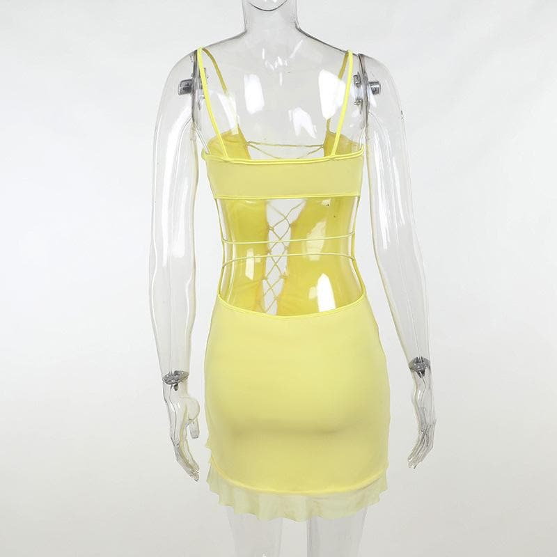 Ruffle Trim Lace Up Front Cut Out Mesh Hem Cami Mini Dress 6