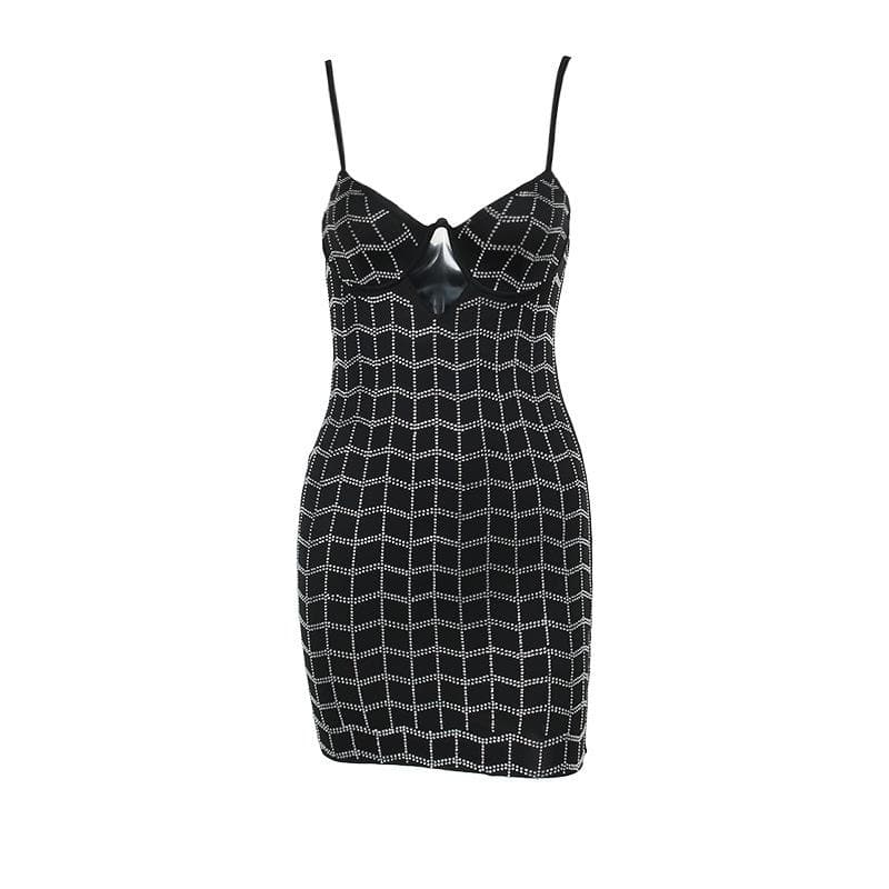 Rhinestone Grid V-Neck Cut Out Cami Bodycon Mini Dress