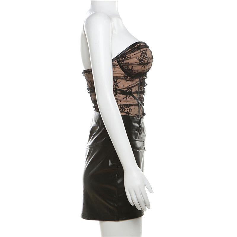 Faux Leather Patchwork Lace Sweetheart Strapless Bodycon Mini Dress 10