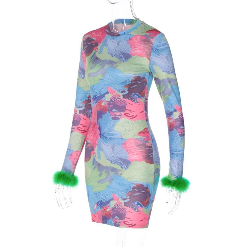 Feather crewneck contrast print long sleeve mini dress 3
