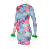 Feather crewneck contrast print long sleeve mini dress 3