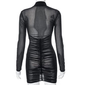 Ruched long sleeve cross front sheer mesh see through mini dress 4