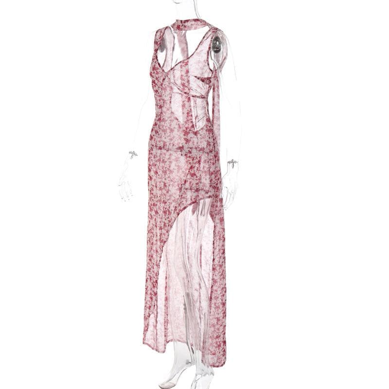 Chiffon flower print contrast backless v neck sleeveless maxi dress 3