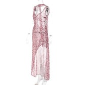 Chiffon flower print contrast backless v neck sleeveless maxi dress 3