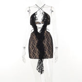 Cross front backless hollow out lace hem contrast mini dress 8