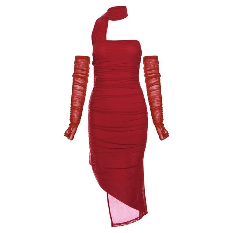 Mesh gloves ruched halter solid slit backless maxi dress 9