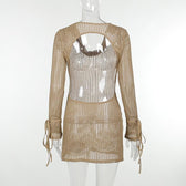 Crochet see through cowl neck long sleeve hollow out mini dress 3