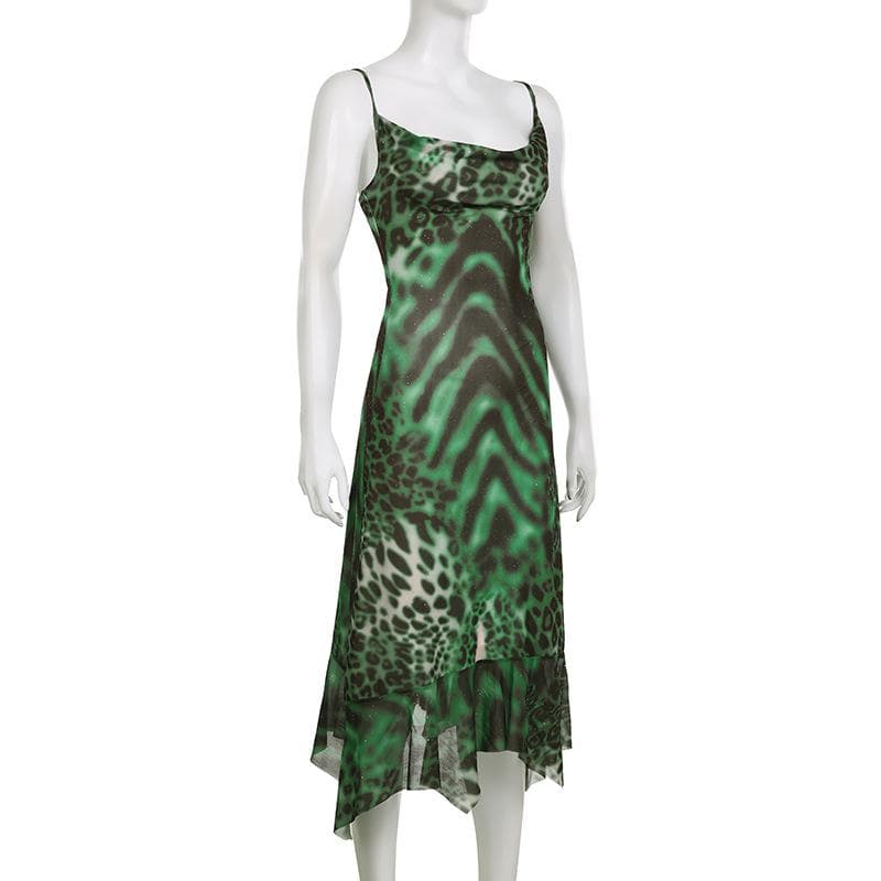 Leopard Print Cowl Neck Spaghetti Strap Mesh Ruffle Hem Maxi Dress 3