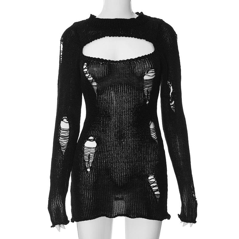 Crochet hollow out solid long sleeve mini dress 2
