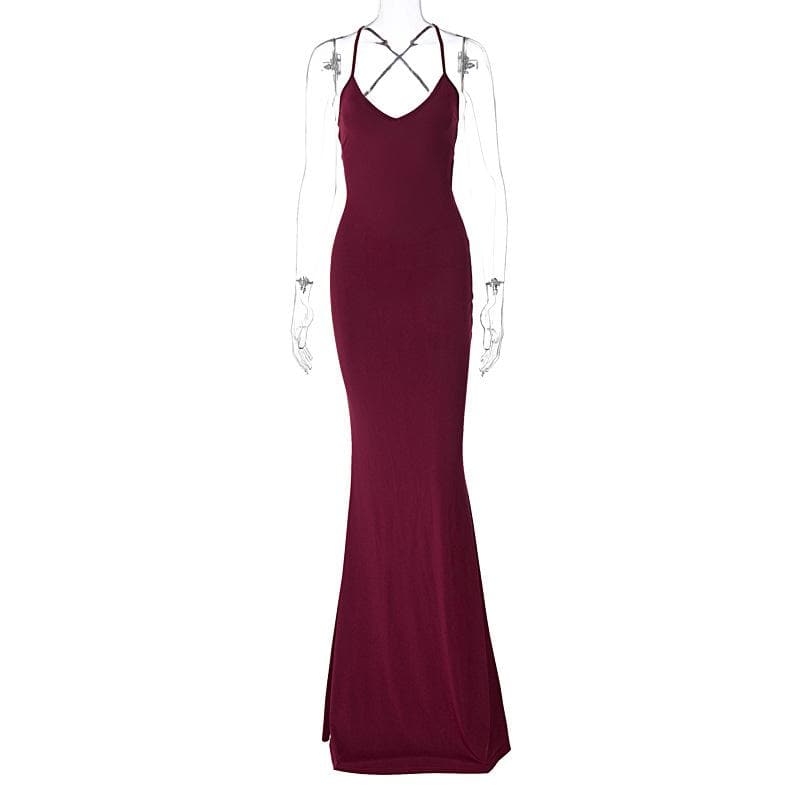 Ruched solid backless cross back v neck lace up maxi dress 2