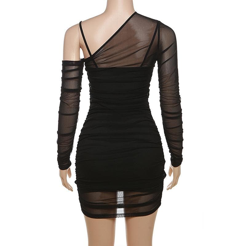 Mesh off shoulder long sleeve irregular ruched mini dress 4