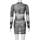 Long sleeve sheer mesh see through contrast polka dot mini dress 4