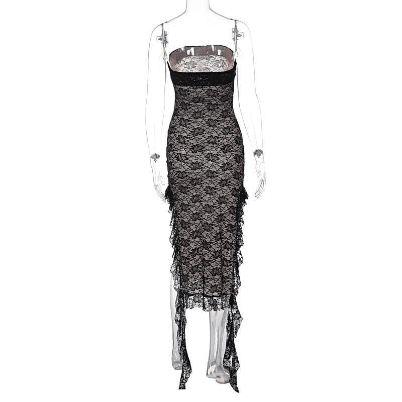 Lace ruffle slit backless ribbon contrast tube midi dress 3