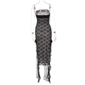 Lace ruffle slit backless ribbon contrast tube midi dress 3