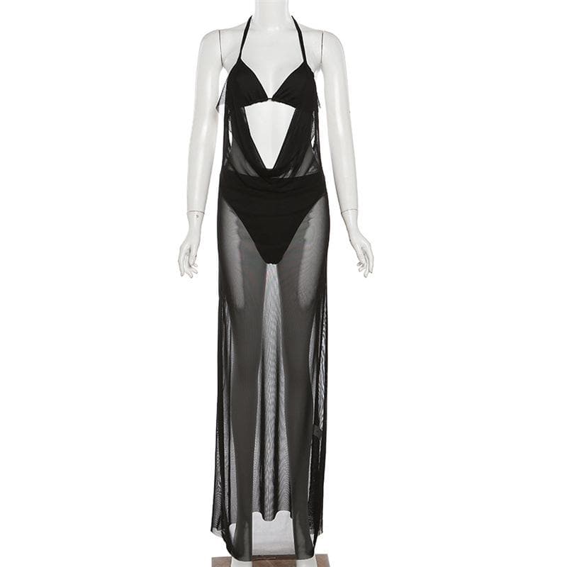 Sheer Mesh Cowl Neck Halter Backless Maxi Cover Up Dress 9