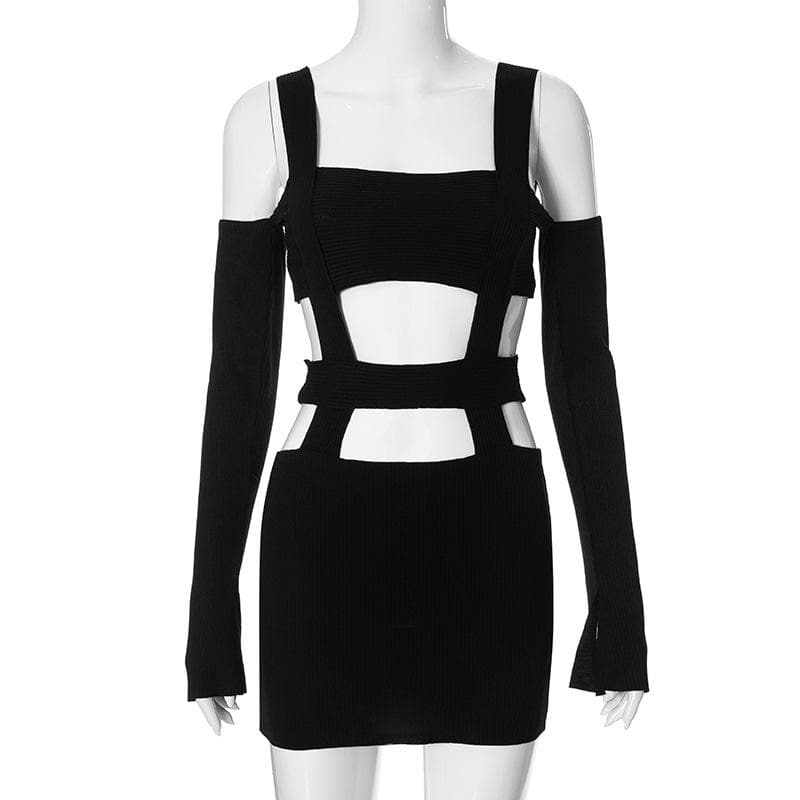 Solid hollow out off shoulder long sleeve backless mini dress