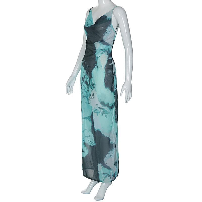 Slit chiffon tie dye contrast backless cowl neck cami maxi dress 3
