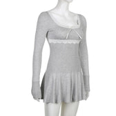 Lace hem square neck contrast long sleeve ruffle mini dress 5