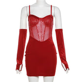 Sweetheart neck gloves velvet glitter mesh patchwork cami dress 4