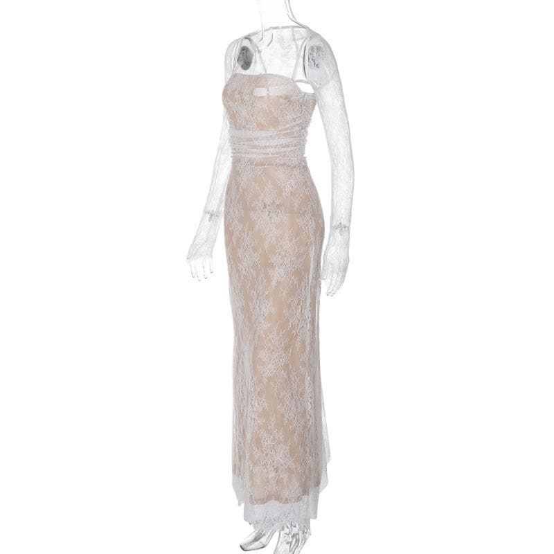 Long sleeve lace zip-up ruched shrug cami maxi dress 7