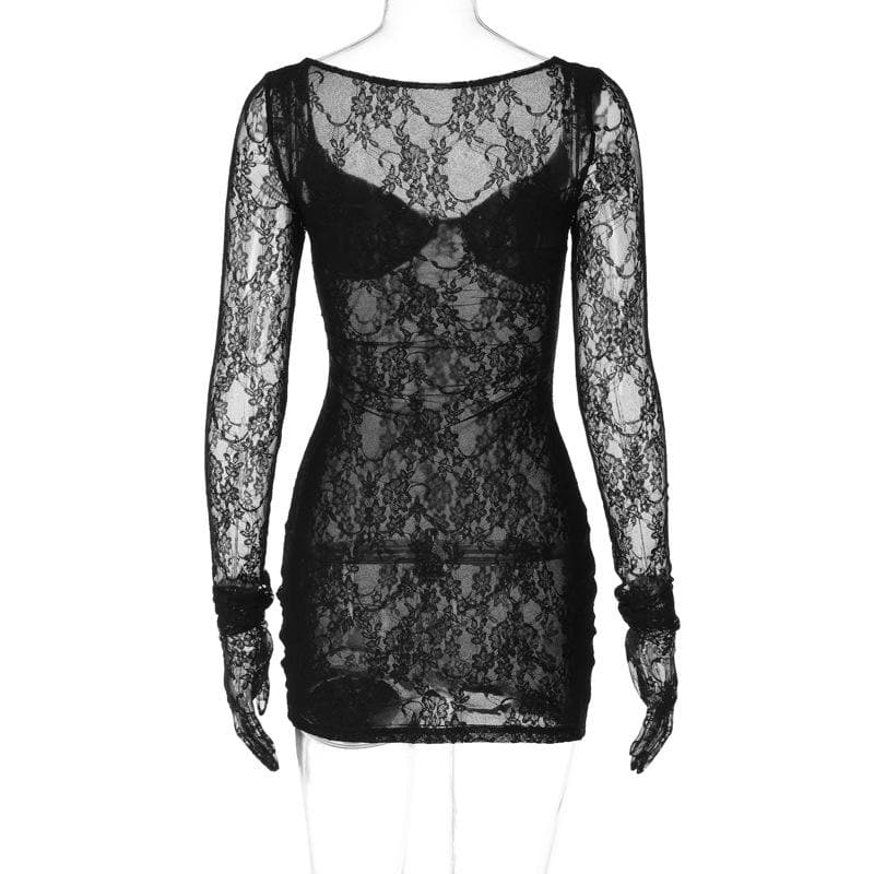 Long sleeve lace gloves see through sweetheart neck mini dress 3