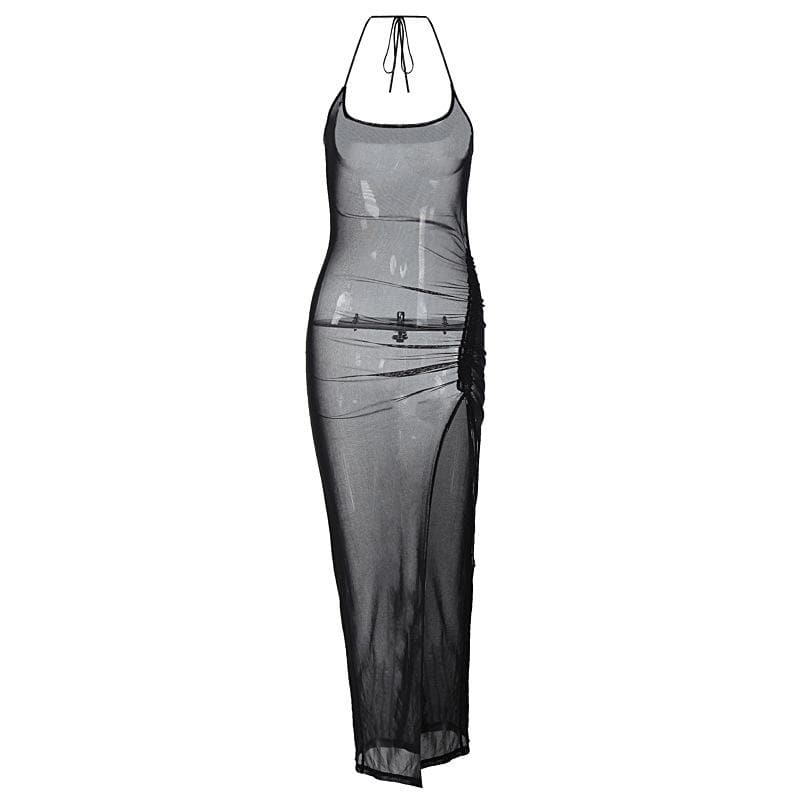 Halter drawstring sheer mesh see through slit backless maxi dress 9