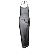 Halter drawstring sheer mesh see through slit backless maxi dress 9