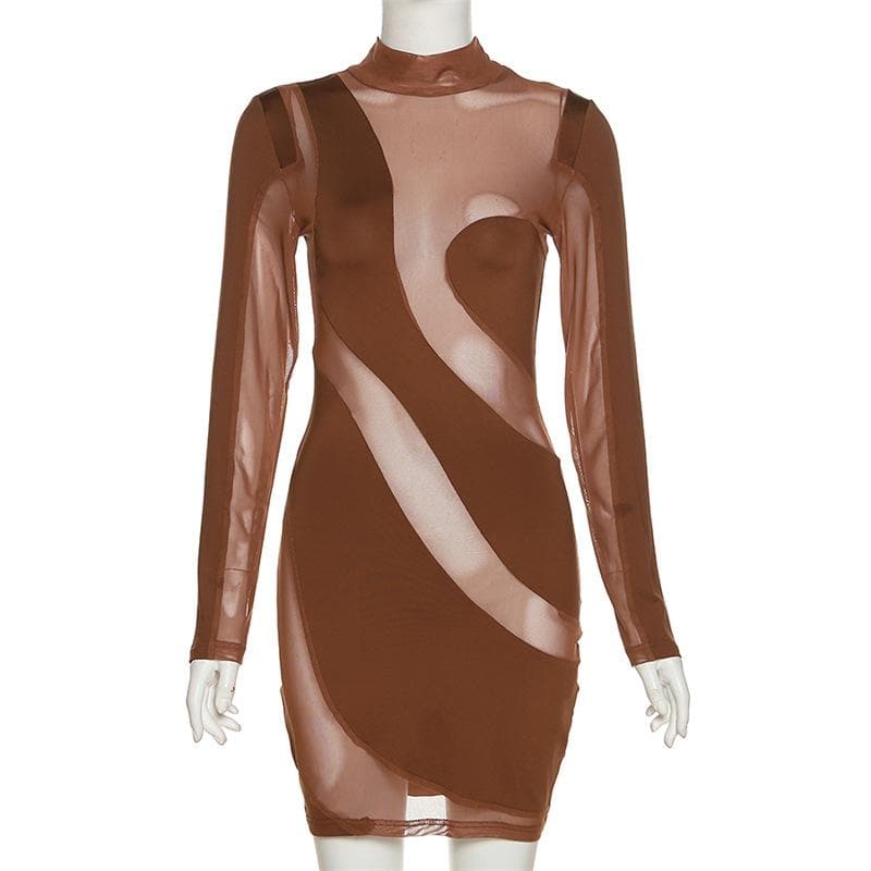 Mock Neck Long Sleeve Sheer Mesh Panel Bodycon Mini Dress 2