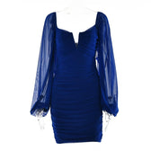 Mesh solid long sleeve ruched notch neck zip-up mini dress 12