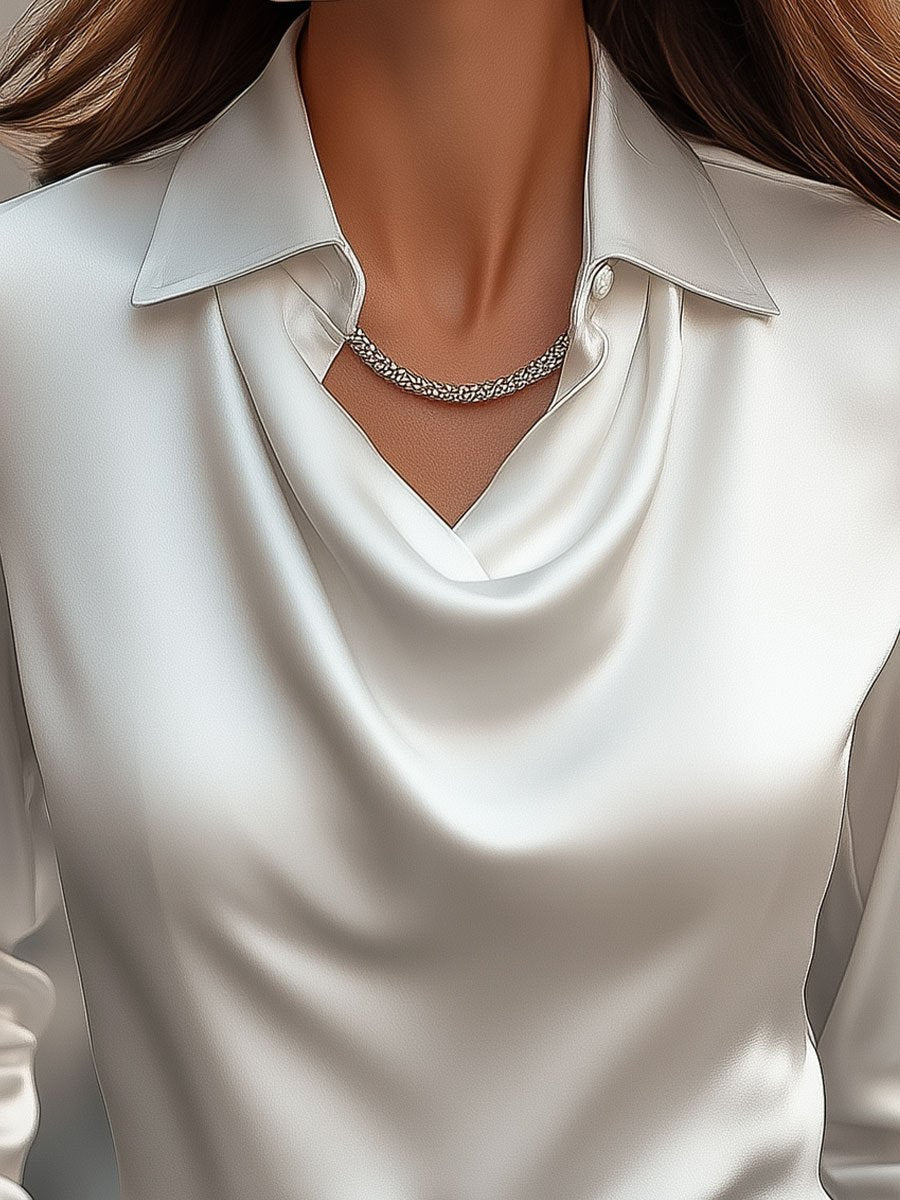 Satin Cowl Neck Collared Long Sleeve Blouse