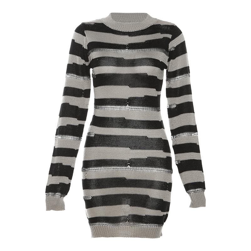 Crochet striped contrast long sleeve crewneck mini dress 2