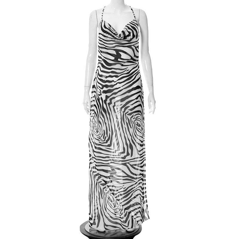Zebra Print Cowl Neck Halter Sheer Chiffon Maxi Dress