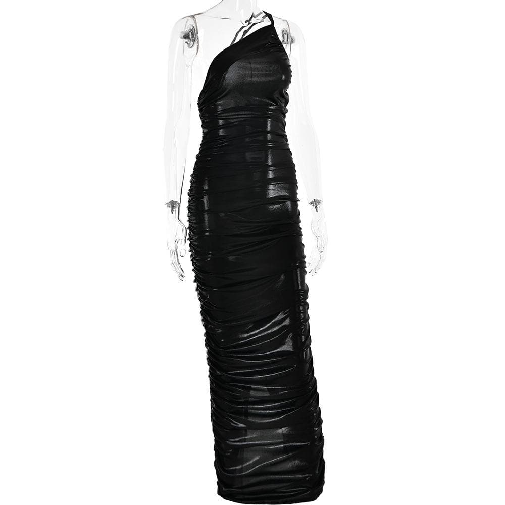 Metallic One Shoulder Sleeveless Ruched Bodycon Maxi Dress 5