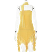 Mesh ruffle ribbon irregular solid backless tube mini dress 4