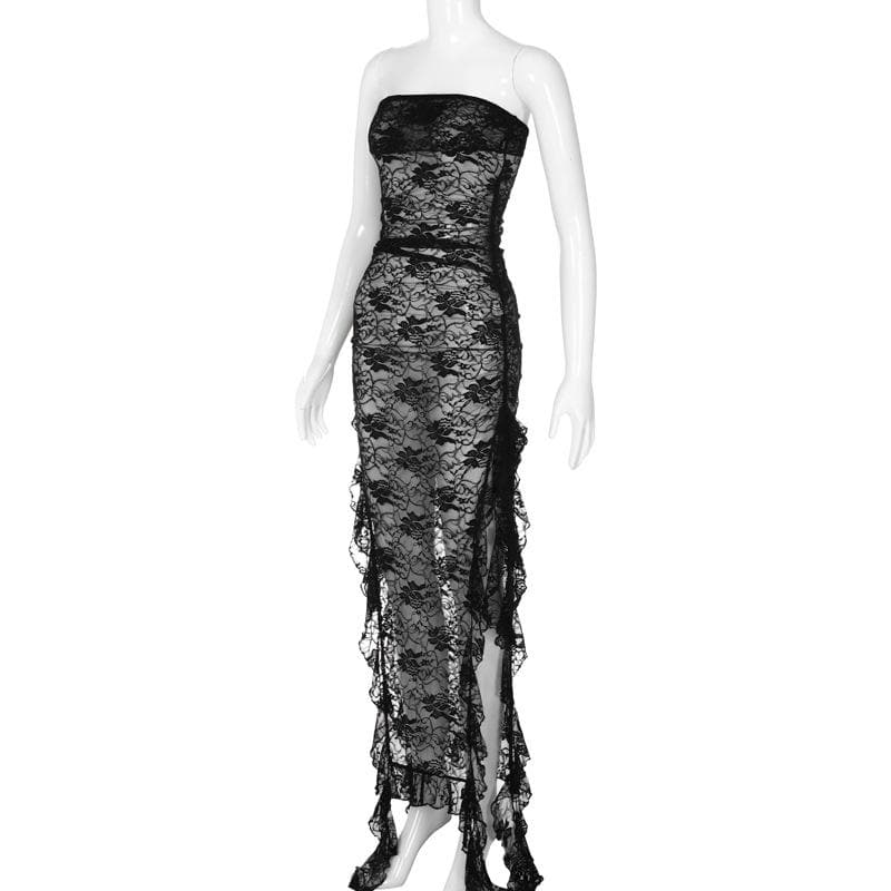Slit ribbon lace see through solid tube maxi dress 3