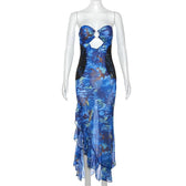 Mesh see through hollow out o ring contrast print ruffle maxi dress 8