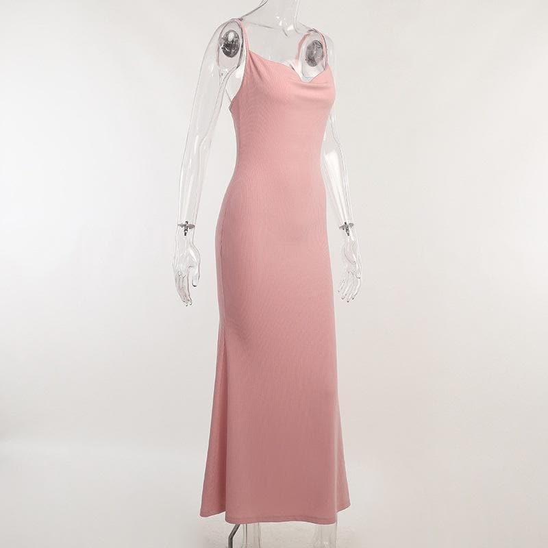 Sleeveless solid ribbed cowl neck backless ruffle maxi dress