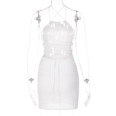 Textured cross back lace up solid backless mini dress 4