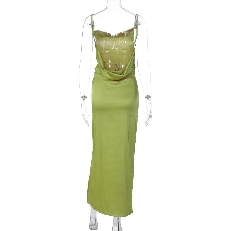Cowl neck solid backless slit satin cami maxi dress 5