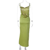 Cowl neck solid backless slit satin cami maxi dress 5
