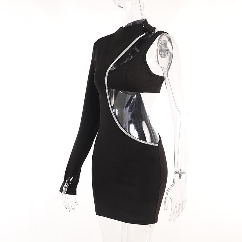 Beaded irregular button gloves hollow out long sleeve mini dress 3