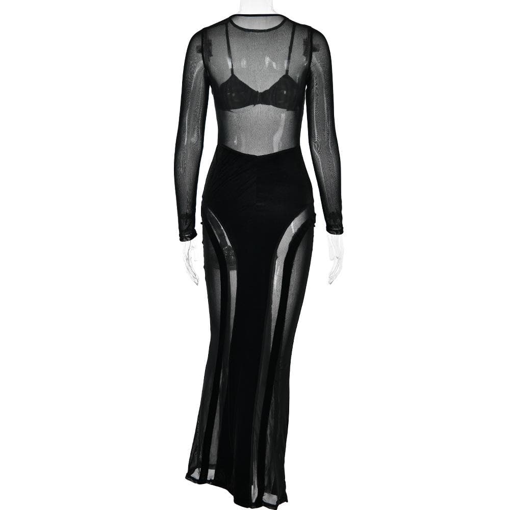 Mesh patchwork velvet solid long sleeve maxi dress 5