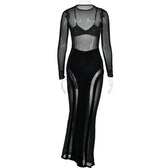 Mesh patchwork velvet solid long sleeve maxi dress 5
