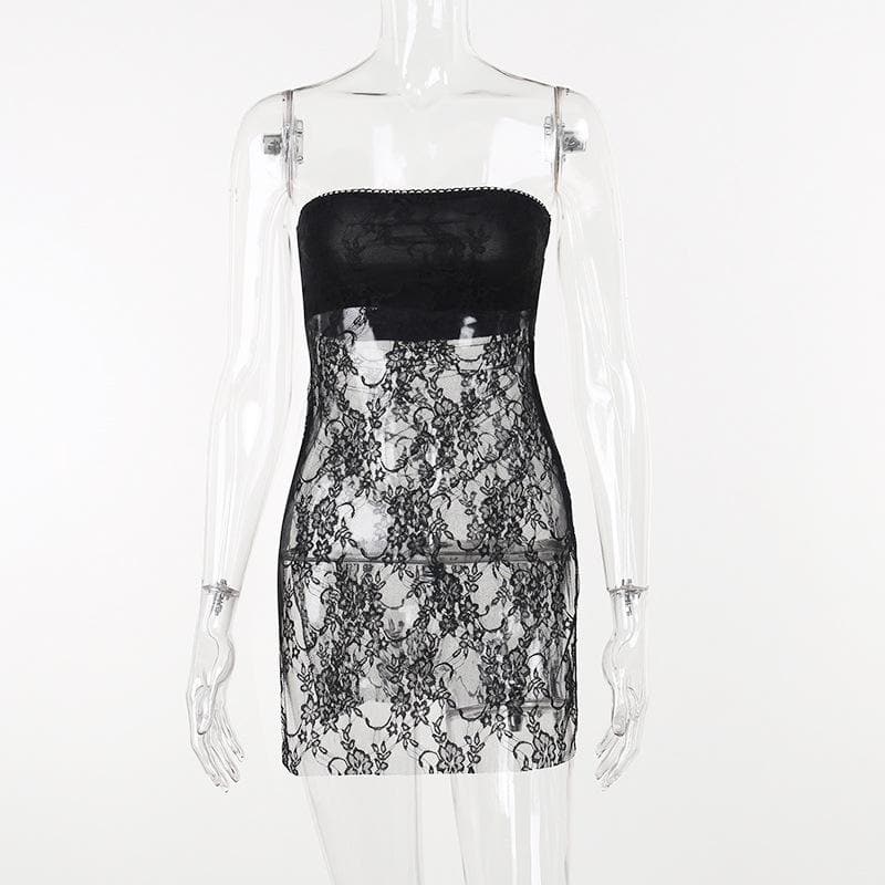 Strapless Sheer Floral Lace Side Slit Tube Mini Dress 8